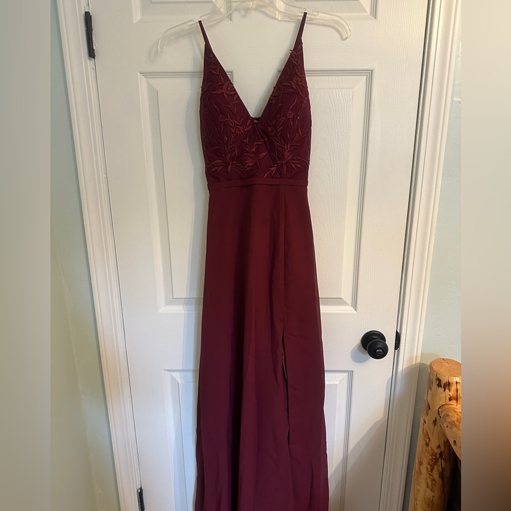 Azazie V-Neck Spaghetti Strap Maxi Bridesmaid Dress in Burgundy/Cabernet